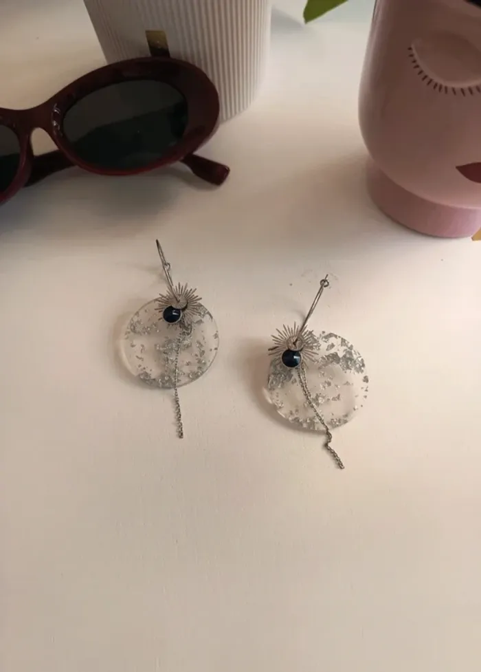 Boucles d'oreilles fantaisies transparentes argentées et noires