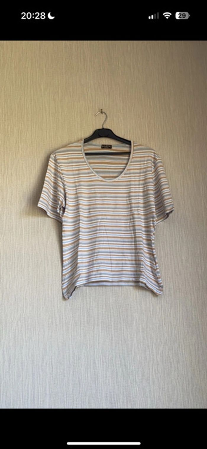T-shirt rayé bleu marron et blanc taille 3
