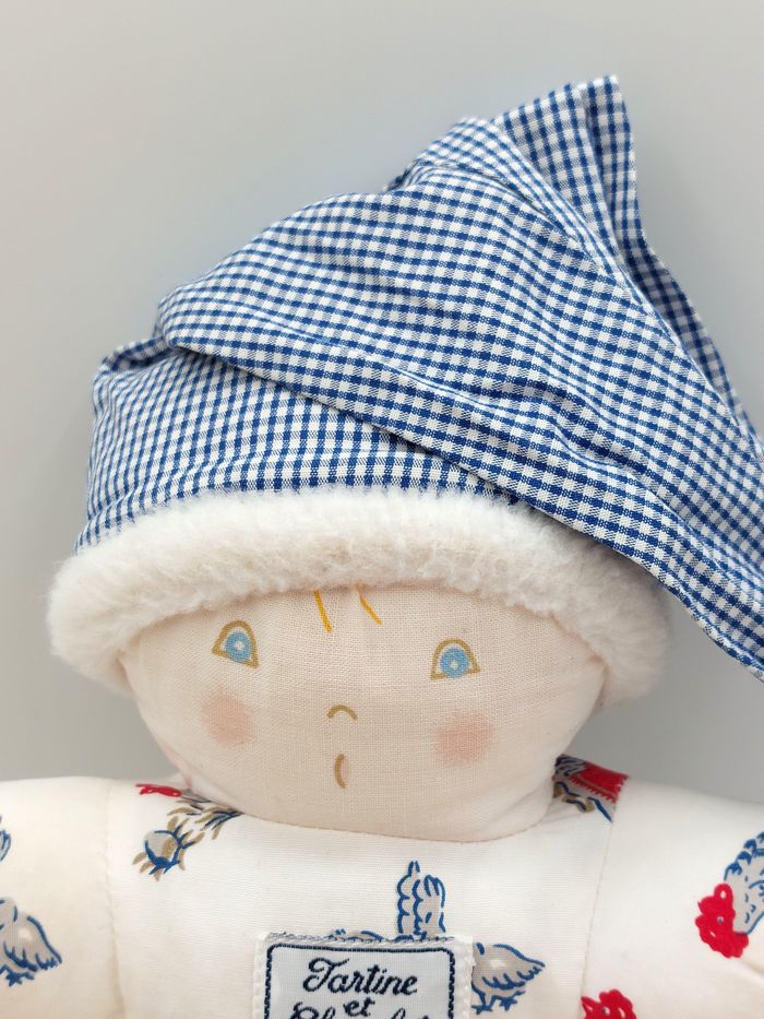 Ancien doudou poupée tissu lutin blanc Tartine et Chocolat bonnet vichy carreaux bleu blanc poule ca - photo numéro 3