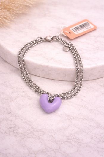 Bracelet double chaîne argentée & cœur violet