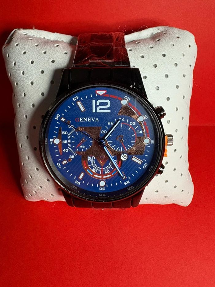 montre Geneva noir, cadran bleu à quartz pour hommes avec date - photo numéro 3