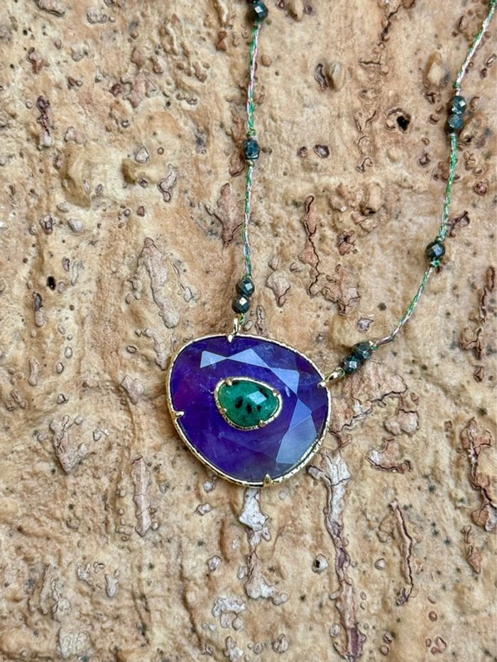 Collier habaha Paris fils tissés paillettes pavé améthyste malachite acier inoxydable or - photo numéro 3