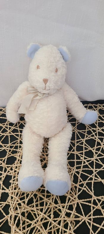 Doudou peluche ours blanc bleu Ruban satin - SUCRE D ORGE