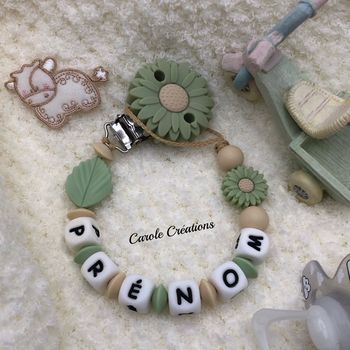 Attache tétine en silicone personnalisé Tournesol kaki 