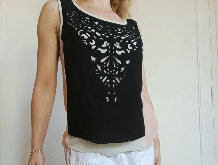 Débardeur femme rose blanc noir patchwork t s coco état impeccable - photo numéro 6