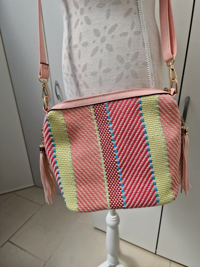 Sac Bandoulière Tressé Multicolore Pompons Franges Roses - photo numéro 6