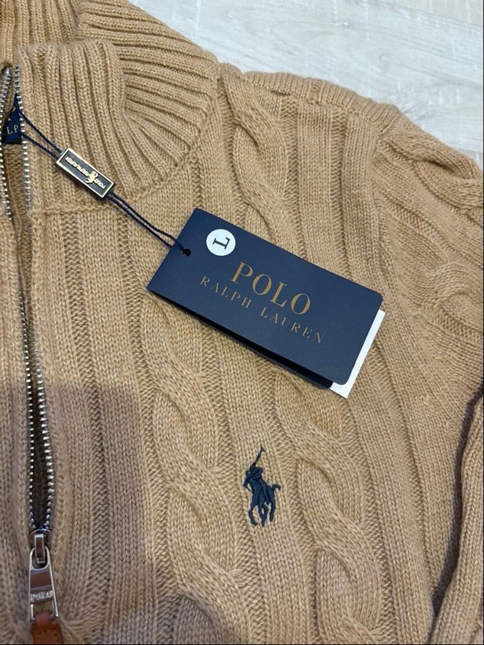 Pull torsadé Polo Ralph Lauren en laine half zip demi zip 1/4 zip camel/marron neuf taille L - photo numéro 3
