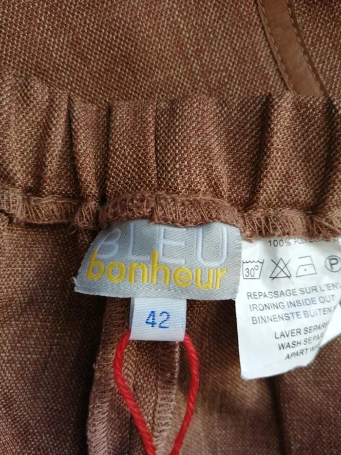 Pantalon droit vintage marron camel avec liseré simili cuir / bleu bonheur / (42) - photo numéro 6