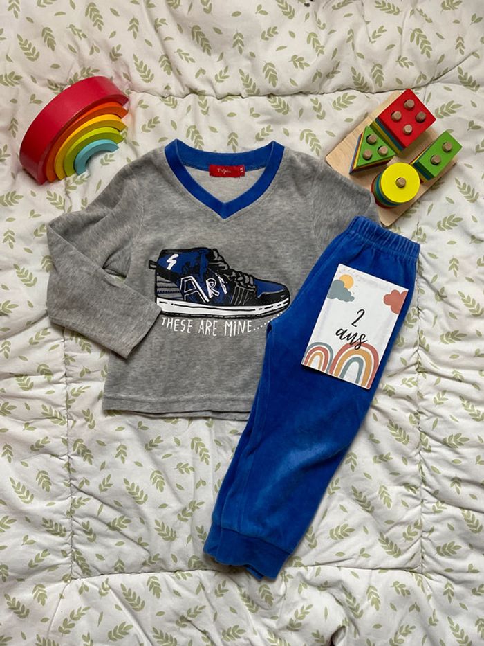 pyjama 2 pièces en velours gris et bleu tissaia 2 ans