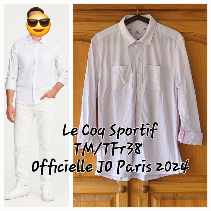 Le Coq Sportif Chemise ML TM/TFr38 - Blanche&Revers Rose- Officielle JO Paris 2024