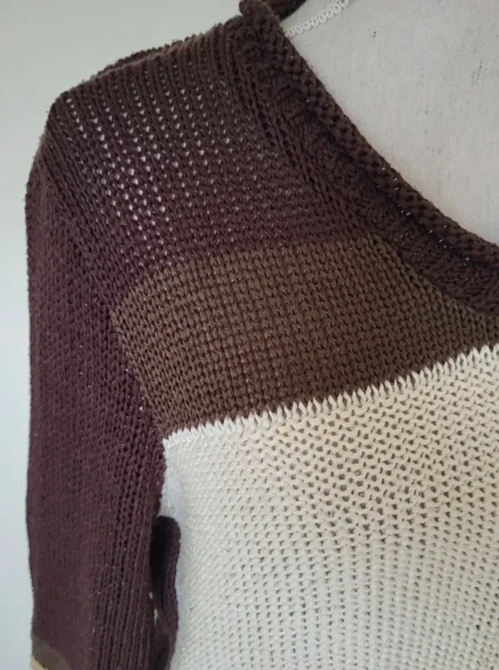 Pull à col V marron beige et blanc Christine Laure Taille 4 ou 42 - photo numéro 5