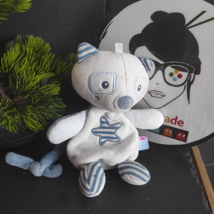 Doudou renard cajou bleu attache tétine sucre d'orge etoile bleu rayures rayé