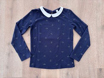 T-shirt fille Okaïdi 8 ans Marine cœur doré col Claudine blanc TBE