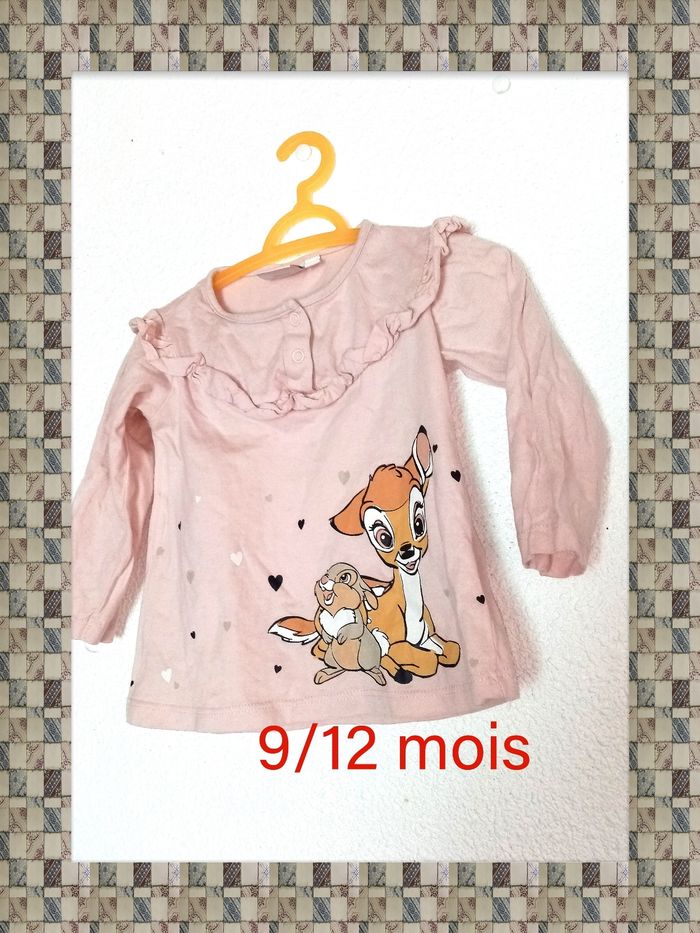 9/12 mois Disney Tee-shirt rose pale imprimé "petite biche et lapin" toutes saisons /Excellent état - photo numéro 2