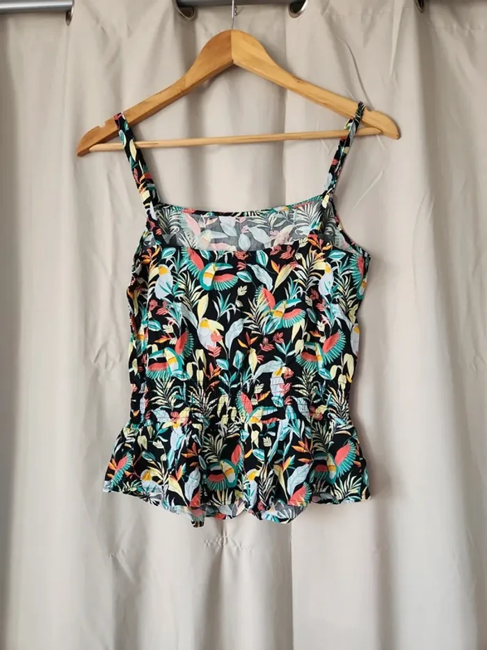 🌺Haut à bretelles noir motif tropical et coloré Cache Cache T36/S🌺 - photo numéro 3