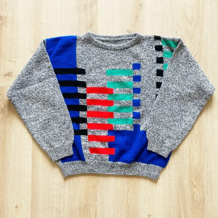 Vintage Pull Rétro Op'Art Gris Homme Exclusive Collection Y2K 80's Style (Taille L) - photo numéro 2