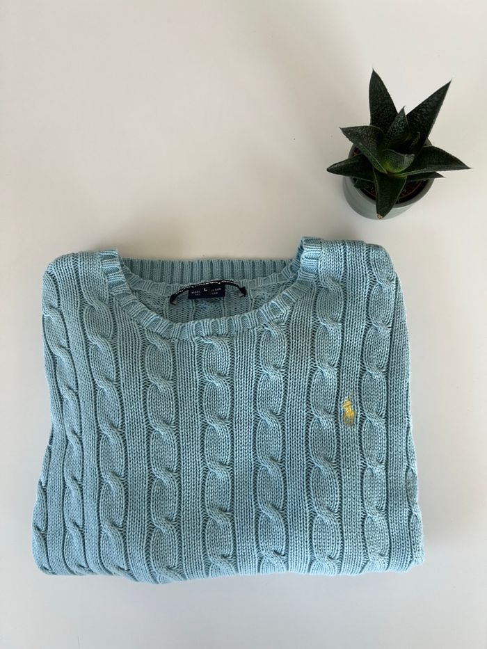 Pull torsadé bleu clair Ralph Lauren taille S - photo numéro 2