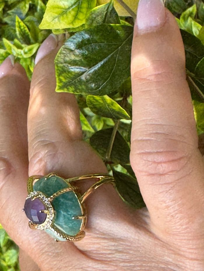Grosse bague habaha Paris jade vert améthyste acier inoxydable or serti de zircons réglable - photo numéro 5