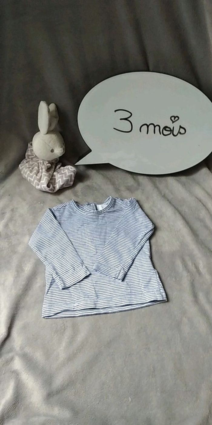 Tee shirt manches longues Mixte 3 mois rayé blanc et bleu foncé 100% coton TEX Baby