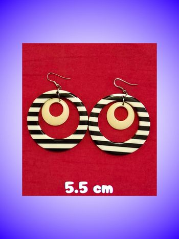 Grandes Boucles d'Oreilles Pendantes Créoles – Motif Rayures Noir et Blanc – Style Rétro/Pin-up – Très Bon État