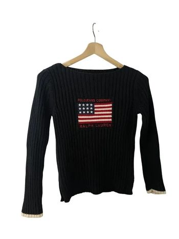 Pull col rond ralph lauren noir logo drapeau flag taille M 782E