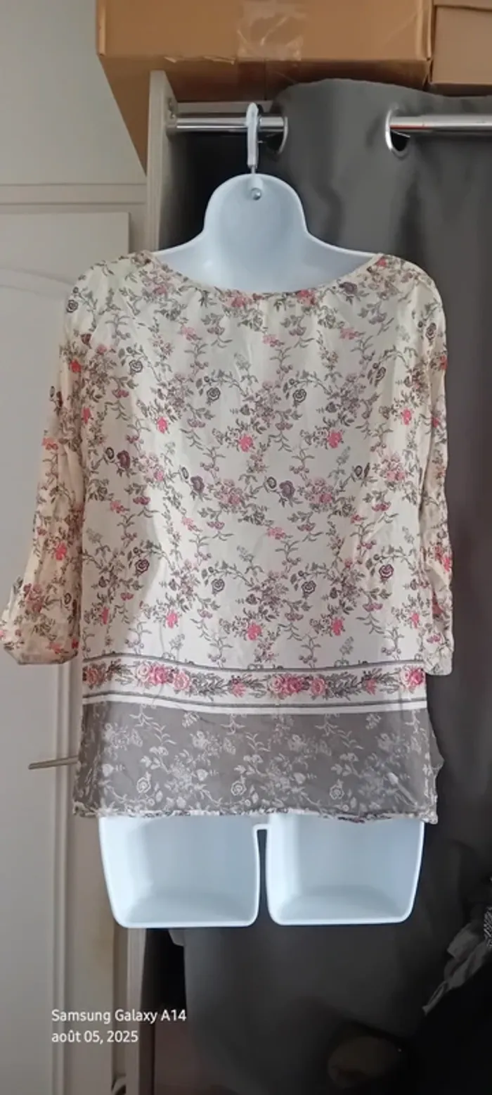 Blouse légère manches 3/4 motif fleurs esprit bohème beige femme 38 promod - photo numéro 3