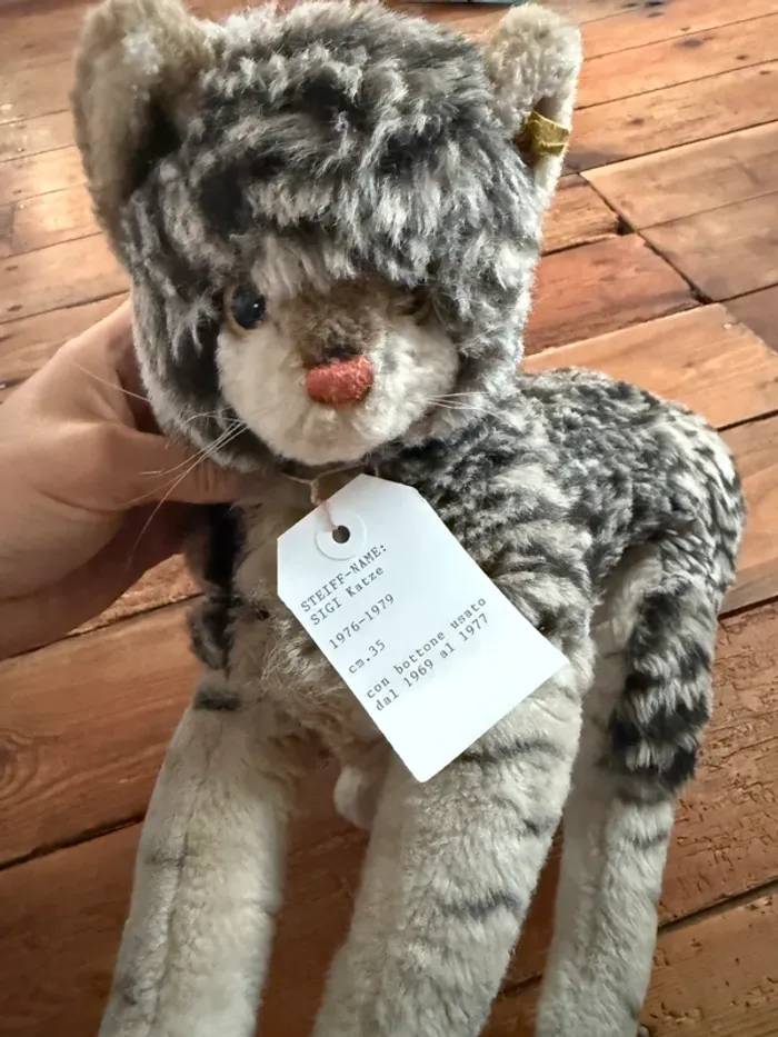 Peluche Chat Steiff ancienne Sigi Katze grand 35cm gris rayé 35cm 1976-79 vintage - photo numéro 6