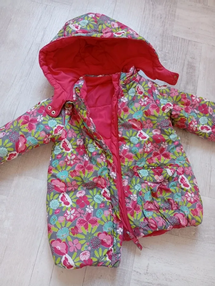 Manteau doudoune réversible 36 mois 3 ans motif fleurs ou uni - photo numéro 3