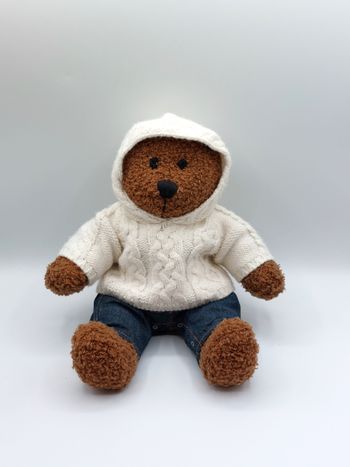 Peluche vintage ours brun Baby Gap jeans et sweat à capuche doudou collection 34 cm