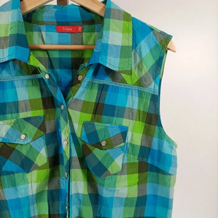 Chemise sans manche à carreaux bleu/vert - T44 - A037 - photo numéro 4