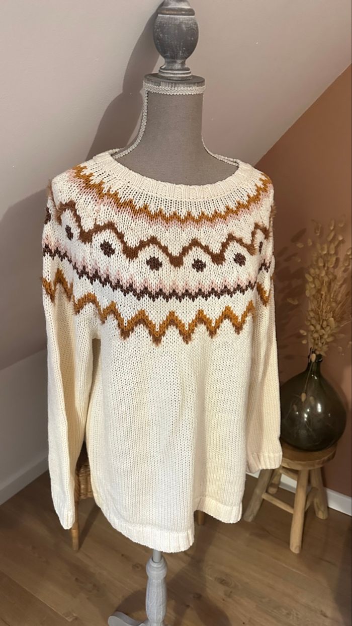 🍃 Pull femme beige écru à motif géométrique – Etam – Taille L – Très bon état - photo numéro 2