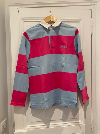 Polo manches longues rayé rose et bleu ciel. 