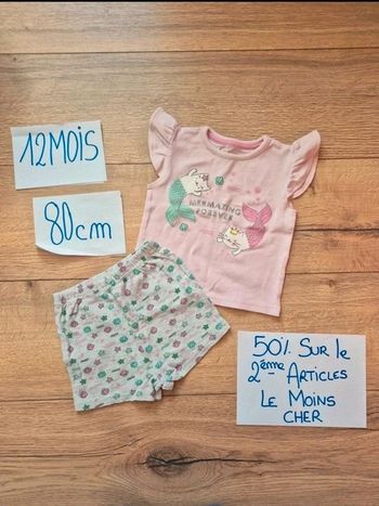 Ensemble Tee-shirt manche courte chat sirène et Short en coton coquillage