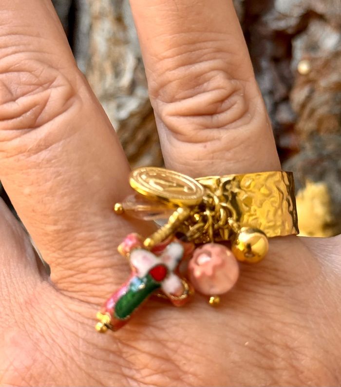 Bague habaha Paris large réglable croix porcelaine médaille vierge noeud perle  pierre - photo numéro 6