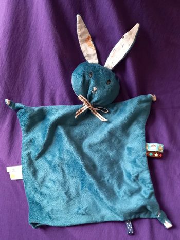 Doudou plat Lapin  Nin Nin bleu et vichy