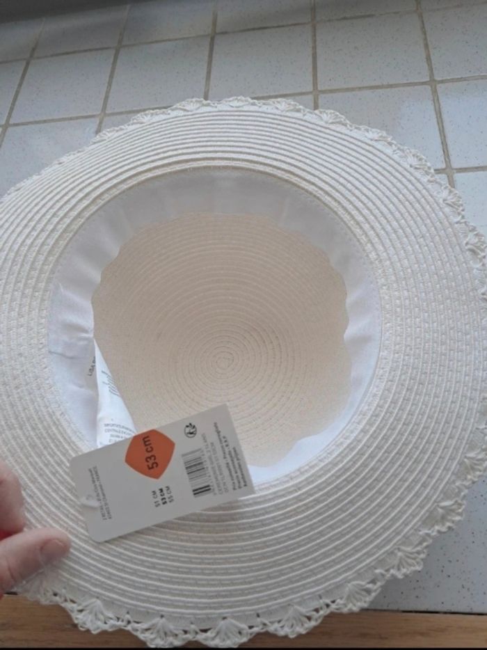 Chapeau de soleil blanc fleurs rose 53cm - photo numéro 3