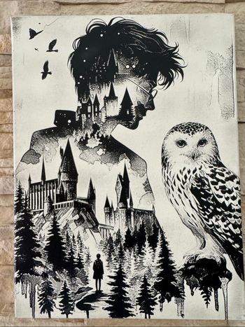 Tableau Harry Potter silhouette Edwige et Poudlard en toile 30x40cm
