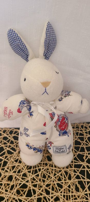 Doudou lapin blanc vichy bleu poule TARTINE ET CHOCOLAT