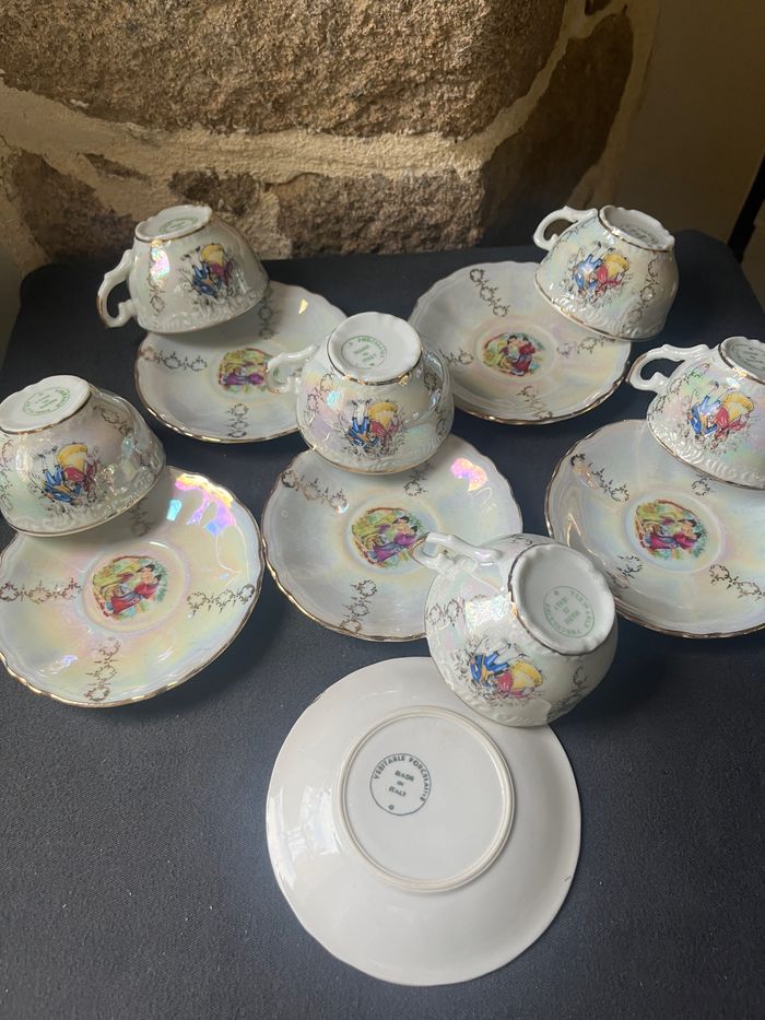 Magnifique Lot de 6 tasses et 6 sous tasses Porcelaine Italy nacrée Vintage