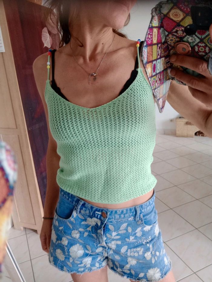 Débardeur femme XS en crochet menthe c85 - photo numéro 3