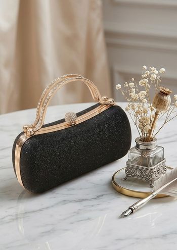 Pochette de soirée Noire manche doré strass Neuf