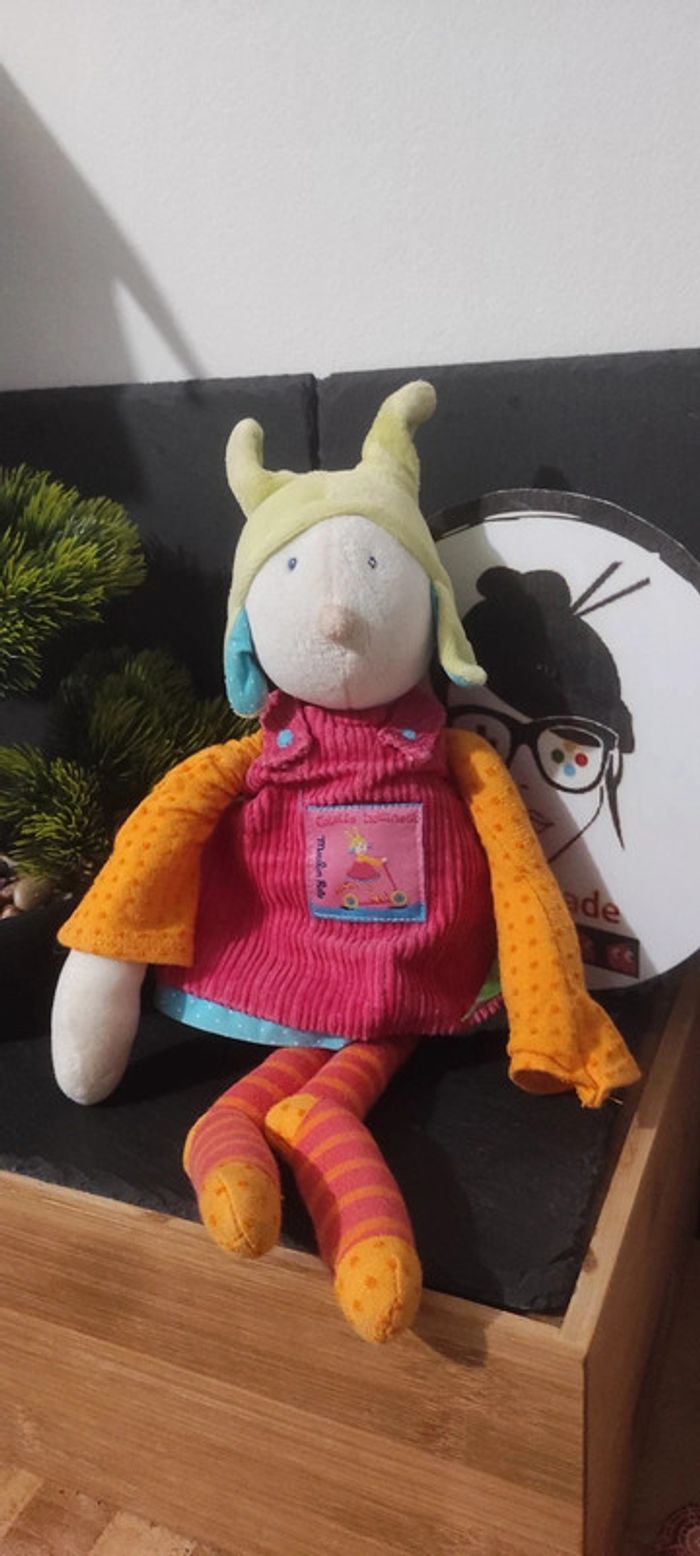 doudou peluche moulin roty colette trottinette rose rose bleu vert orange rayé rayure