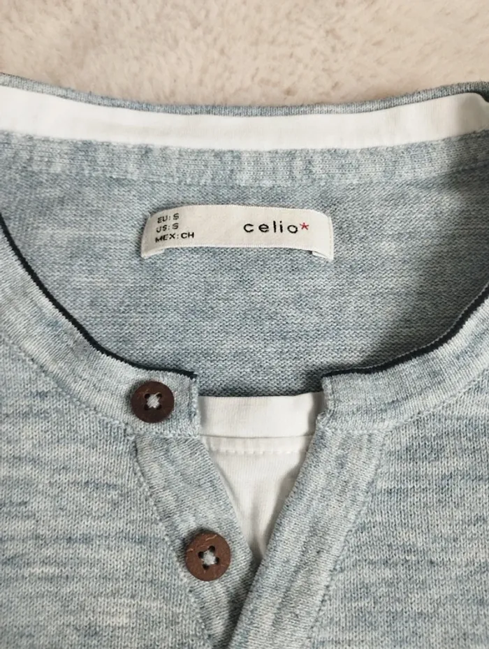 Pull bleu boutonné col celio S - photo numéro 4