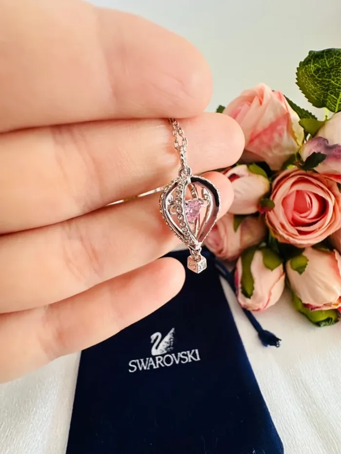 🎈Collier Swarovski montgolfière argenté cœur rose mobile – avec pochon - photo numéro 3