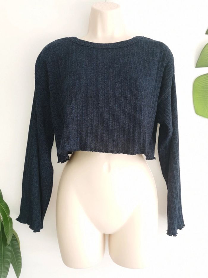 Pull en tricot côtelé crop bleu marine Pull & Bear Taille S - photo numéro 7