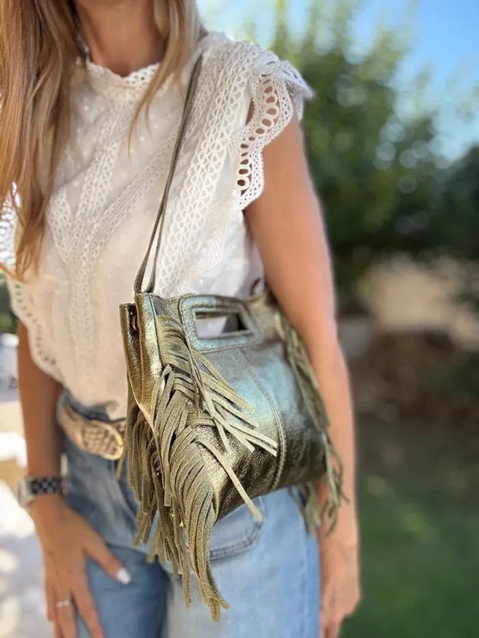 Sac bohème cuir vert irisé franges et 2 bandoulières - photo numéro 10