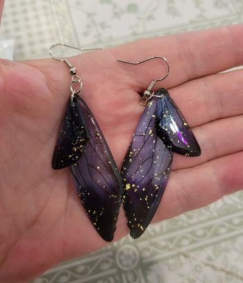 BOUCLES D'OREILLES AILES FEE PAPILLON LIBELLULE BLEU NUIT PAILLETTES ! NEUF !