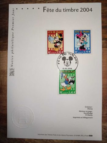 Notice Philatélique Premier Jour Fête du timbre 2004 Disney