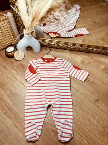 Taille 6 mois pyjama velours fille Petit Bateau blanc corail * rayures * 🎀