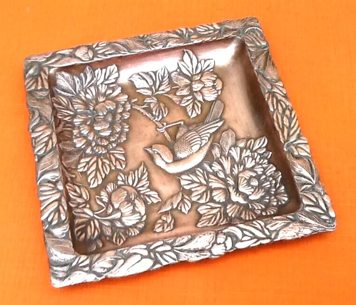 Art Nouveau Vide poche / Baguier Décor floral printanier hirondelle / fleurs Régule cuivré - photo numéro 5